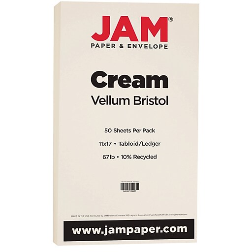 JAM Paper Vellum Bristol 67 lb. Cardstock Paper, 11" x 17", Crème Ivory