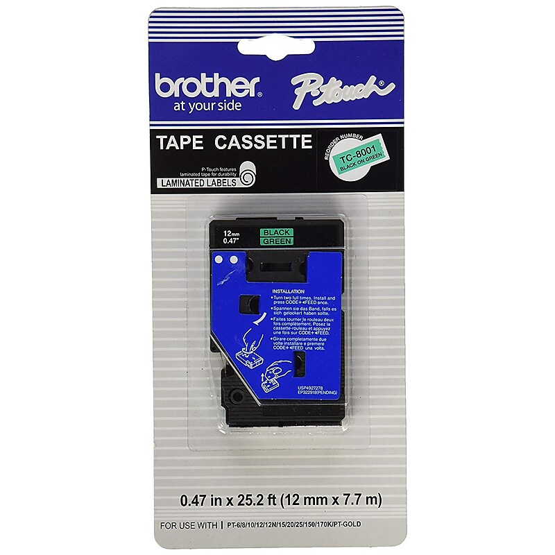 Brother TC TC-8001 Printer Label, 1/2"W, Black on Green image 1