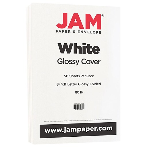 JAM Paper 80 lb. Cardstock Paper, 8.5 x 11, White Glossy, 50 Sheets/Pack  (01034702F)