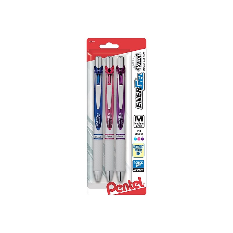Pentel EnerGel Pearl Retractable Gel Pens, Medium Point, Assorted Inks, 3/Pack (BL77WBPS3M2) image 1
