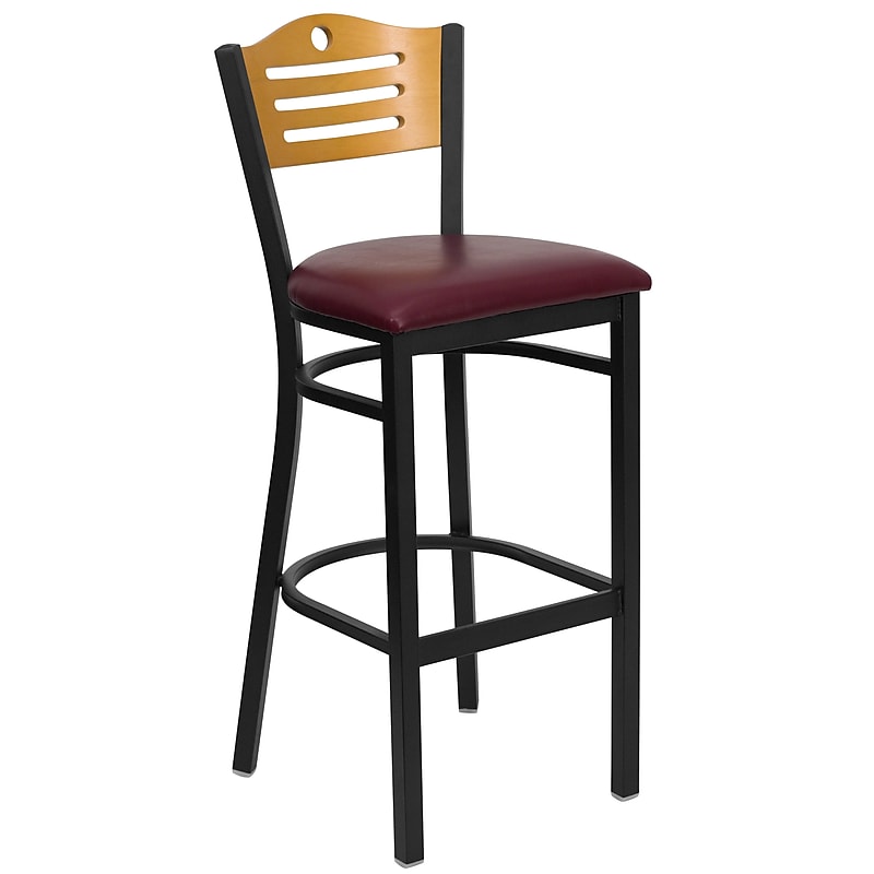 Flash Furniture HERCULES Series Traditional Metal Slat Back Restaurant Barstool, Black/Natural Wood/Burgundy (XU6H3BSLTBARBRV) image 1