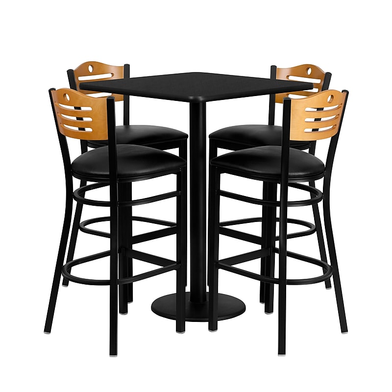 Flash Furniture 30'' Square Table Set W/4 Wood Slat Back Metal Bar Stools, Black (MD0019) image 1