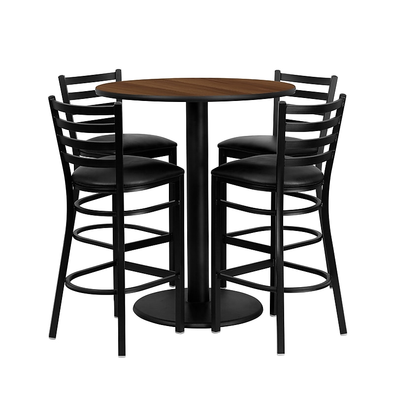 Flash Furniture 36'' Round Table Set W/4 Ladder Back Metal Bar Stools, Walnut /Black (MD0011) image 1