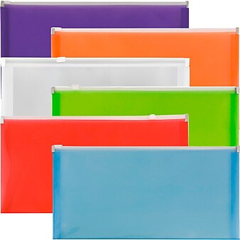 JAM Paper Plastic Zip #10 Business Envelopes, 5" x 10", Assorted Colors, 6/Pack (921Z1RBGOPCL)