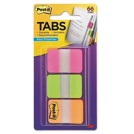 Postit® Tabs, 1" Wide, Solid, Assorted Colors, 66 Tabs,Dispenser (686
