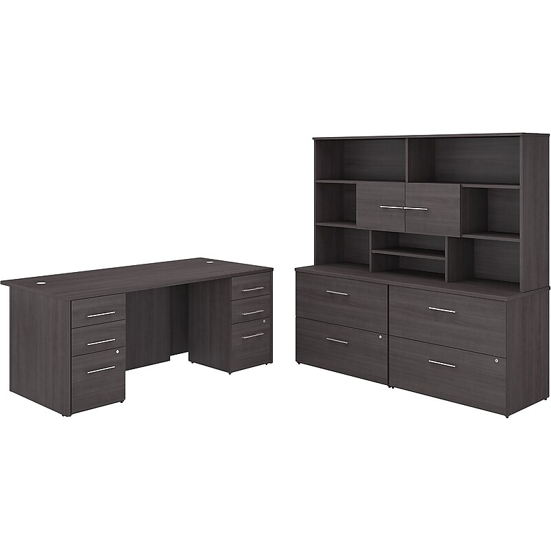 Bush Business Furniture Office 500 72"W Executive Desk with Drawers, Lateral File Cabinets and Hutch, Storm Gray (OF5001SGSU) image 1