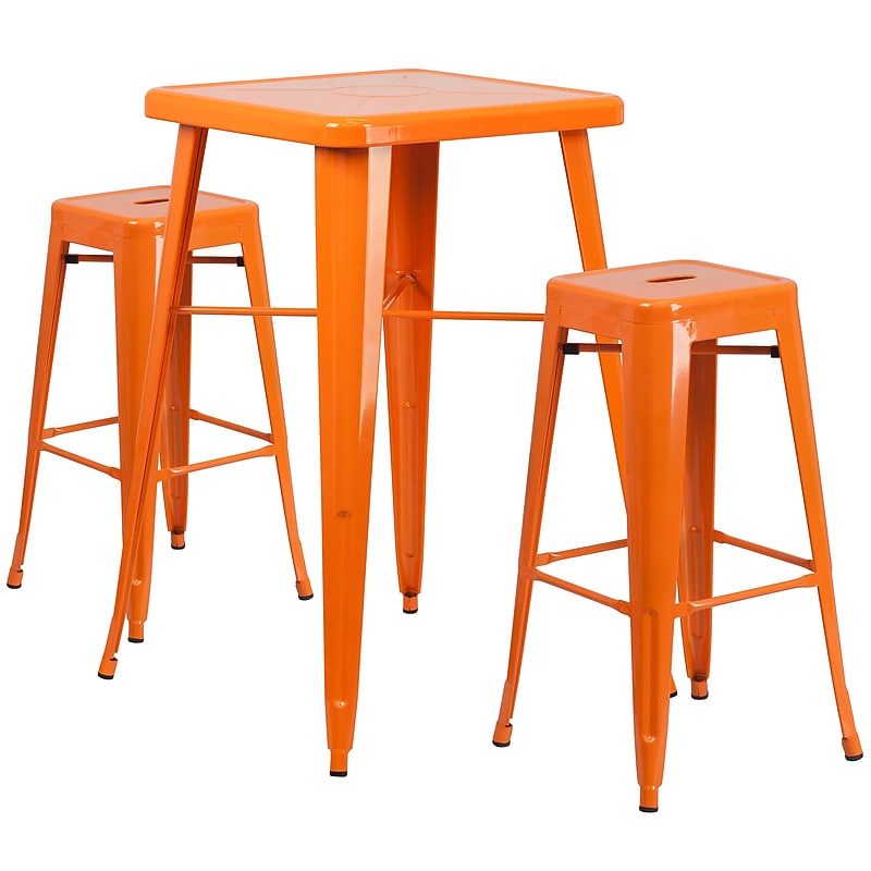 Flash Furniture Stone Indoor-Outdoor Bar Table Set with 2 Square Seat Backless Stools, 27.75" x 27.75", Orange (CH31330B230SQOR) image 1