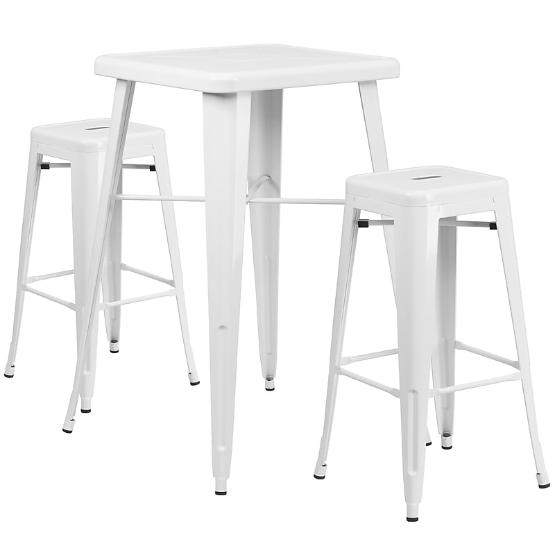 Flash Furniture Stone Indoor-Outdoor Bar Table Set with 2 Square Seat Backless Stools, 27.75" x 27.75", White (CH31330B230SQWH) image 1