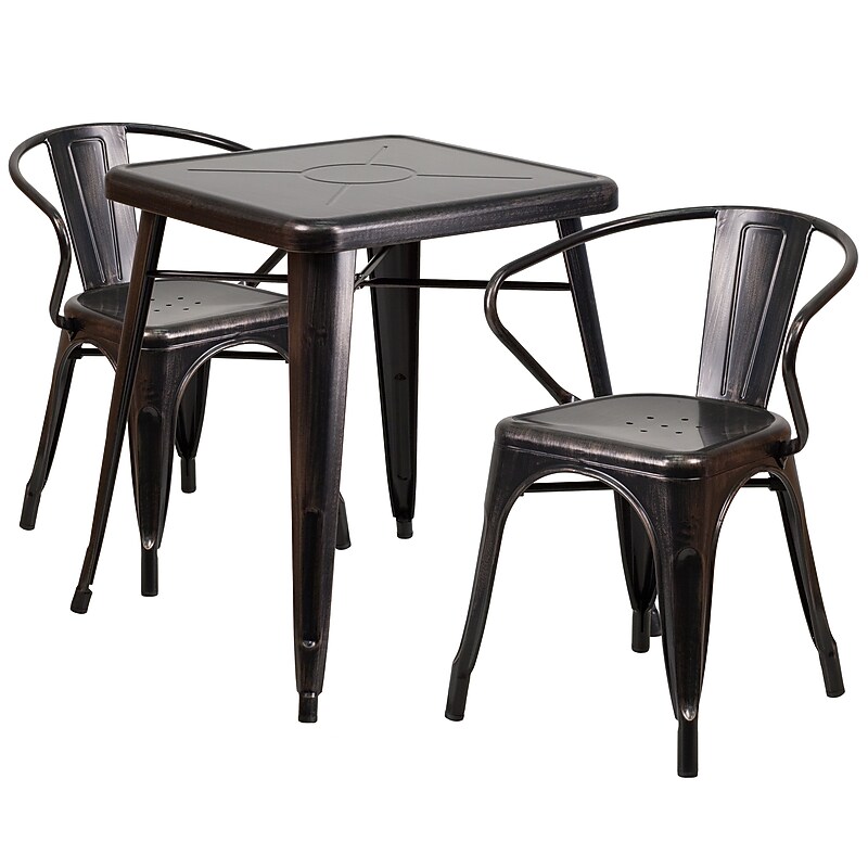 Flash Furniture Owen Indoor-Outdoor Table Set with 2 Arm Chairs, 27.75" x 27.75", Black-Antique Gold (CH31330270BQ) image 1