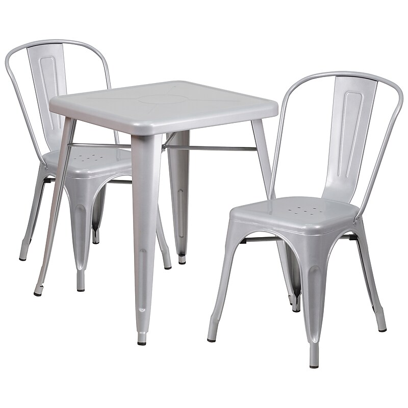 Flash Furniture Owen Indoor-Outdoor Table Set with 2 Stack Chairs, 27.75" x 27.75", Silver (CH31330230SIL) image 1