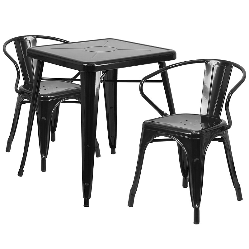 Flash Furniture Owen Indoor-Outdoor Table Set with 2 Arm Chairs, 27.75" x 27.75", Black (CH31330270BK) image 1