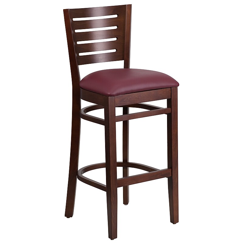 Flash Furniture Darby Series Traditional Wood Slat Back Restaurant Barstool, Walnut Wood/Burgundy (XUDGW018BWABGV) image 1