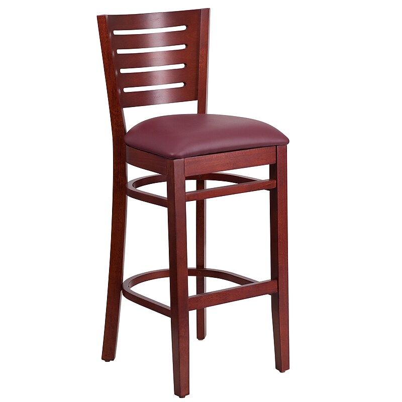 Flash Furniture Darby Series Traditional Wood Slat Back Restaurant Barstool, Mahogany Wood/Burgundy (XUDGW018BMABGV) image 1