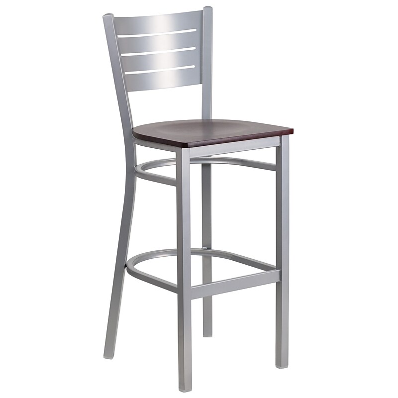 Flash Furniture HERCULES Series Traditional Metal Slat Back Restaurant Barstool, Silver/Mahogany Wood (XUDG60402BMAW) image 1