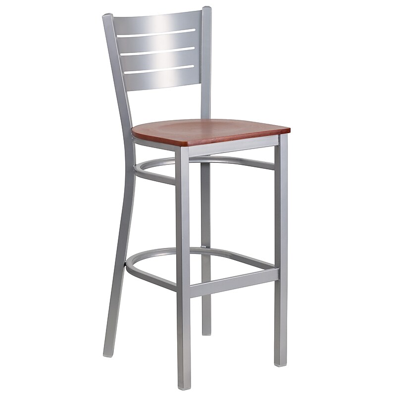 Flash Furniture HERCULES Series Traditional Metal Slat Back Restaurant Barstool, Silver/Cherry Wood (XUDG60402BCYW) image 1