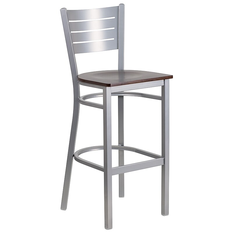 Flash Furniture HERCULES Series Traditional Metal Slat Back Restaurant Barstool, Silver/Walnut Wood (XUDG60402BWAW) image 1