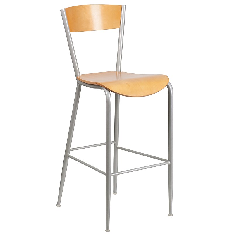 Flash Furniture Invincible Series Traditional Metal Open Back Restaurant Barstool, Silver/Natural Wood (XUDG60218B) image 1