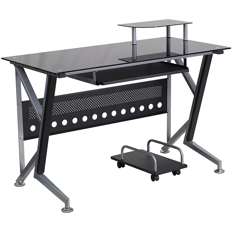 Flash Furniture Glass Computer Desk with Pull-Out Keyboard Tray and CPU Cart, Black image 1