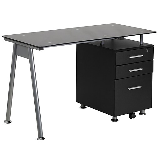 Flash Furniture Black Glass Computer Desk with 3Drawer Pedestal