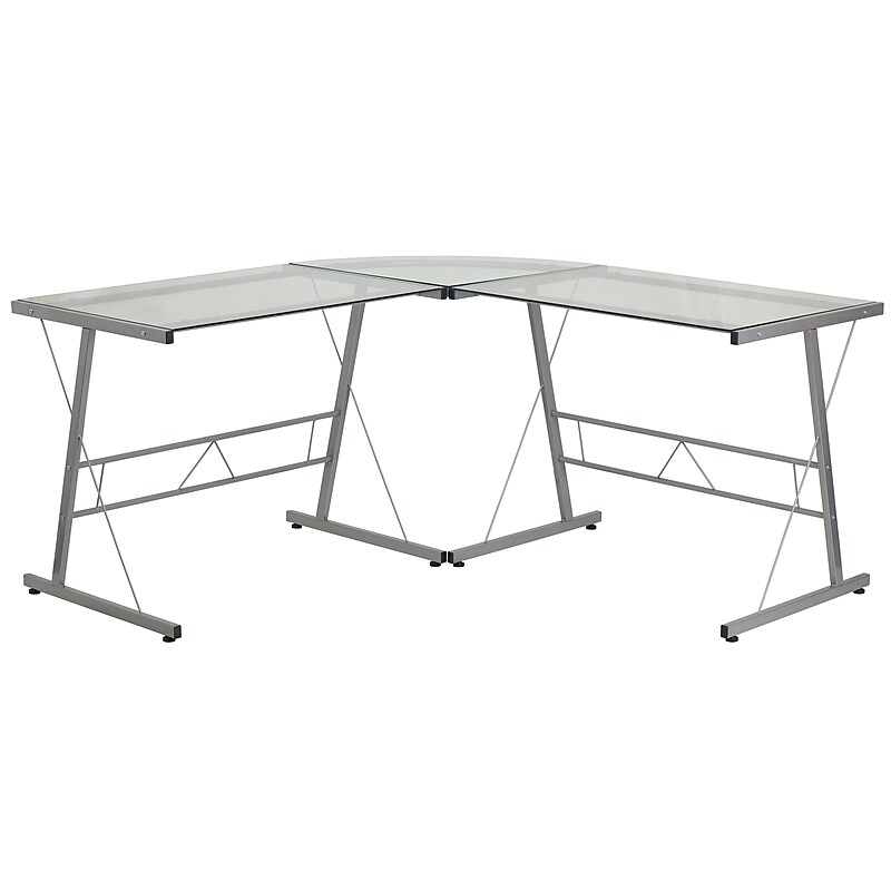 Flash Furniture 84" Glass L-Shape Computer Desk, Clear/Silver (NANCD22181) image 1