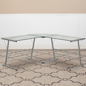 Flash Furniture 84" Glass L-Shape Computer Desk, Clear/Silver (NANCD22181)