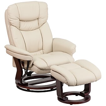 Flash Furniture Contemporary Leathersoft Recliner and Ottoman, Beige w/Swiveling Mahogany Wood Base (BT7821BGE)