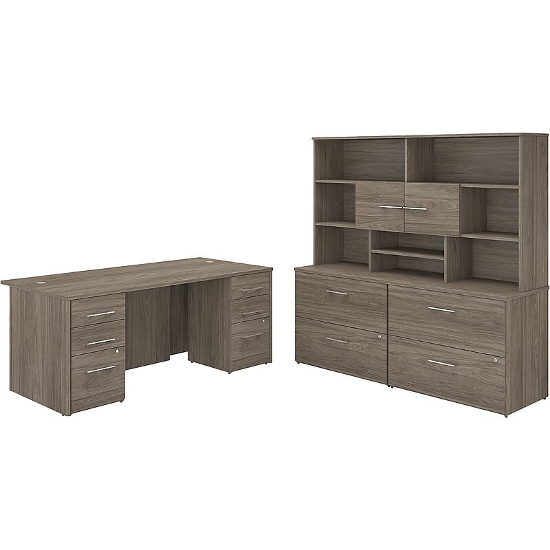 Bush Business Furniture Office 500 72"W Executive Desk with Drawers, Lat File Cabinets and Hutch, Modern Hickory (OF5001MHSU) image 1