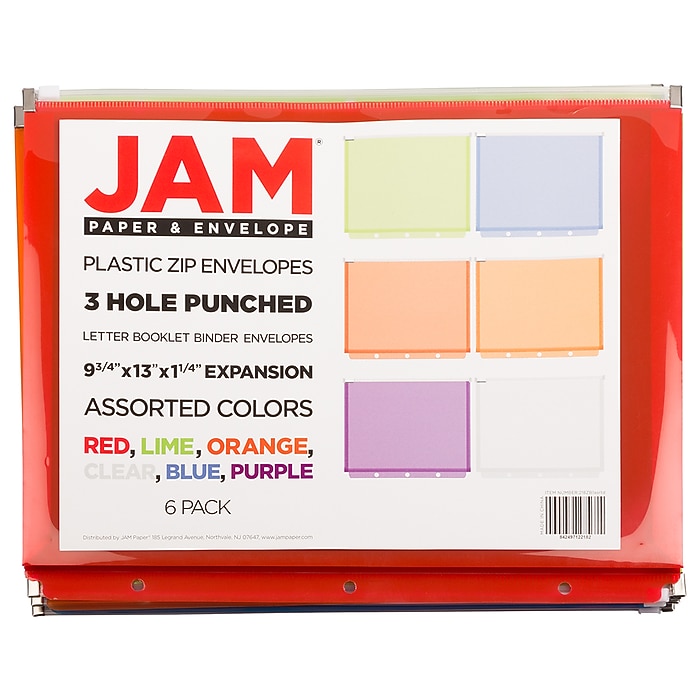 JAM Paper Plastic 3 Hole Punch Binder Envelopes with Zip Closure