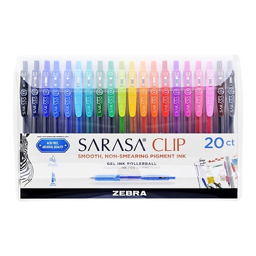 Zebra Sarasa Clip Retractable Gel Pen, Fine Point, 0.5mm, Assorted Ink, 20  Pack (47220)