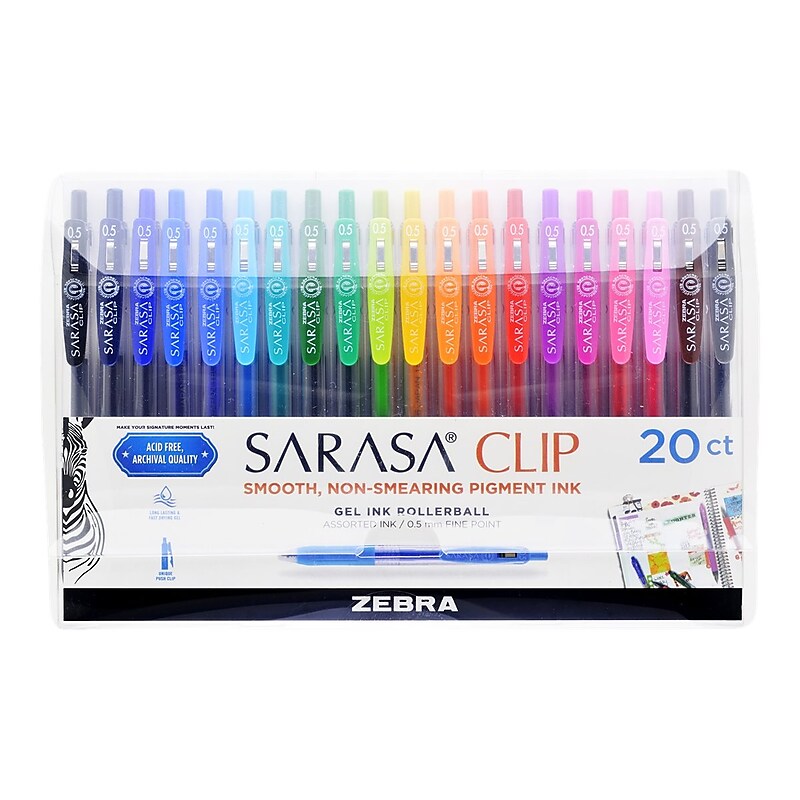 Zebra Sarasa Clip Retractable Gel Pen, Fine Point, 0.5mm, Assorted Ink, 20 Pack (47220) image 1