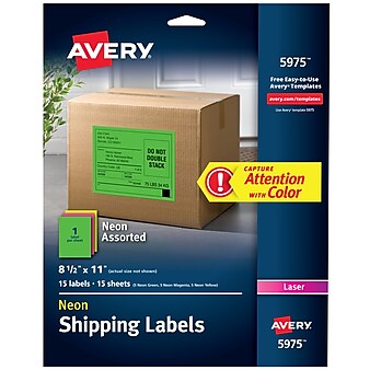 Avery Laser Shipping Labels, 8-1/2" x 11", Assorted Neon Colors, 1 Label/Sheet, 15 Sheets/Pack, 15 Labels/Pack (5975)
