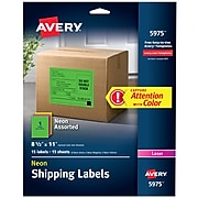 Avery Neon Laser Shipping Labels, 8 1/2" x 11", Assorted Colors, 1 Labels/Sheet, 15 Sheets/Pack (5975)