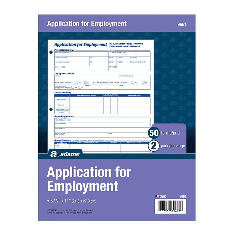 Adams Employment Applications, 50/Pad, 2 Pads/Pack (ABF 9661) image 1