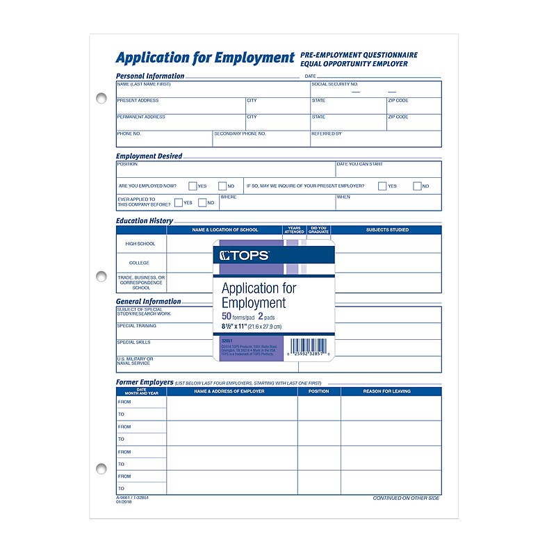 TOPS® Application for Employment, 2-Sided, 8-1/2 x 11", 50 Sheets/Pad, 2 Pads/Box (32851) image 1