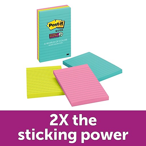 Postit® Super Sticky Notes, 4" x 6" Miami Collection, Lined, 90 Sheets