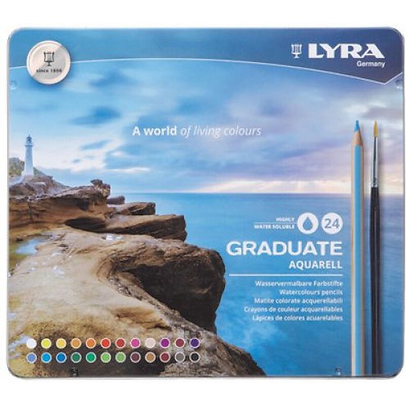 Lyra Graduate Watercolor Pencils Set Tin with Brush, Assorted Colors, 24/Box (LYXL2881240) image 1