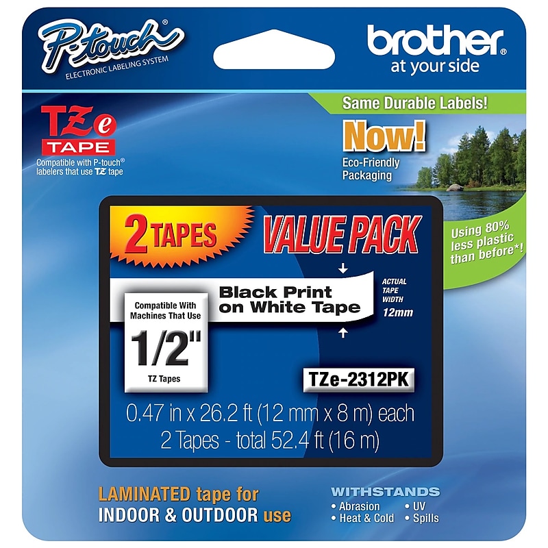 Brother P-touch TZe-231 Laminated Label Maker Tape, 1/2" x 26-2/10', Black On White, 2/Pack (TZe-2312PK) image 1