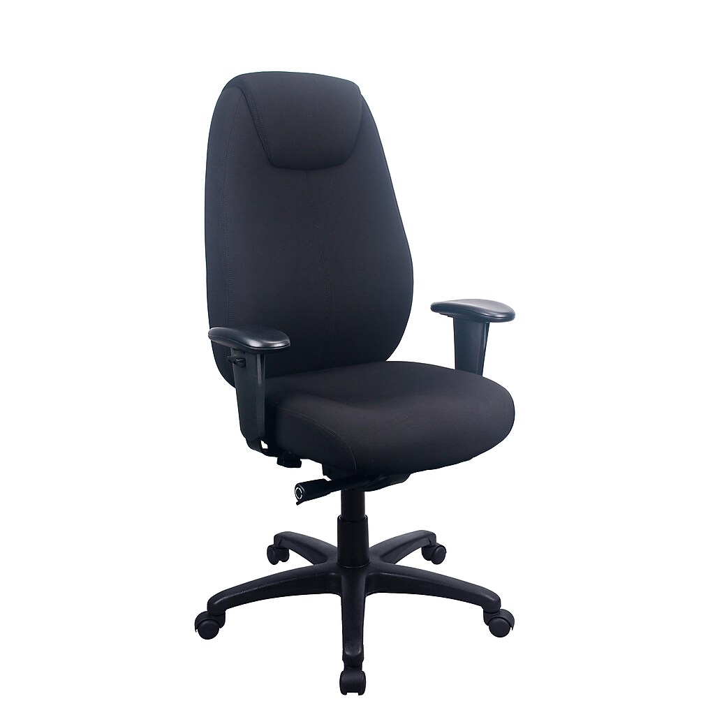 Black ergonomic fabric swivel office chair with armrests and five-star base
