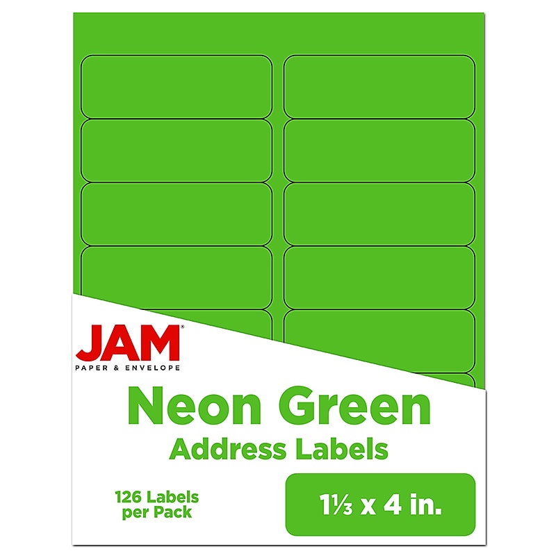 JAM Paper Address Labels, 1 1/3" x 4", Neon Green, 14 Labels/Sheet, 9 Sheets/Pack (359329613) image 1