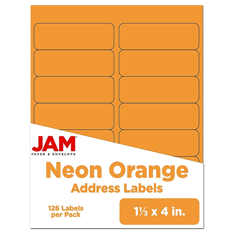JAM Paper Address Labels, 1 1/3" x 4", Neon Orange, 14 Labels/Sheet, 9 Sheets/Pack (359329611) image 1