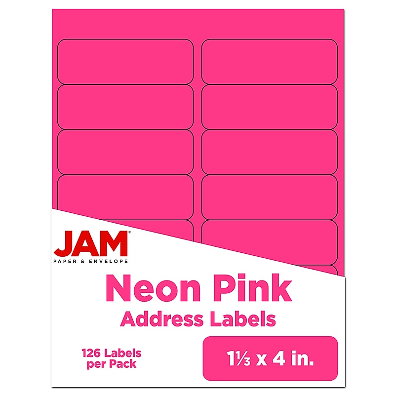 JAM Paper Address Labels, 1 1/3" x 4", Neon Pink, 14 Labels/Sheet, 9 Sheets/Pack (359329612) image 1