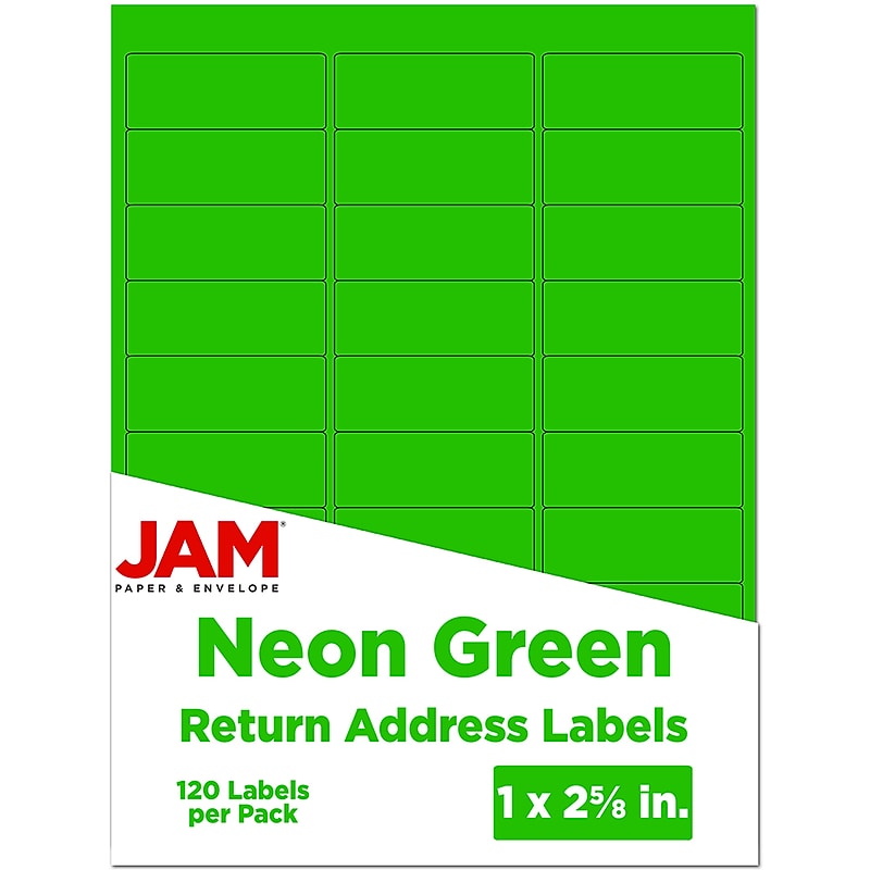 JAM Paper Laser/Inkjet Address Labels, 1" x 2 5/8", Neon Green, 30 Labels/Sheet, 4 Sheets/Pack (3543284) image 1