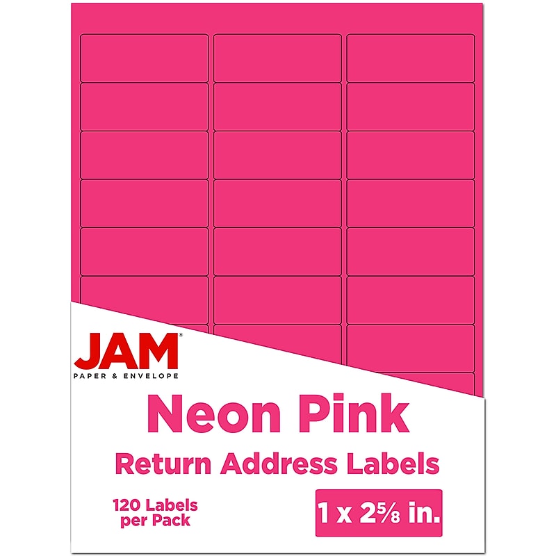 JAM Paper Laser/Inkjet Address Labels, 1 x 2 5/8, Neon Pink, 30 Labels/Sheet, 4 Sheets/Pack (354328011) image 1