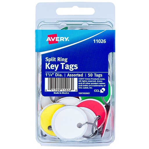 Avery Split Ring Metal Rim Paper Key Tags, 11/4" Diameter, Assorted