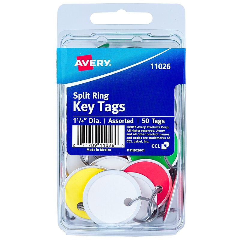 Avery Split Ring Metal Rim Paper Key Tags, 1-1/4" Diameter, Assorted Colors, 50 Tags (11026) image 1