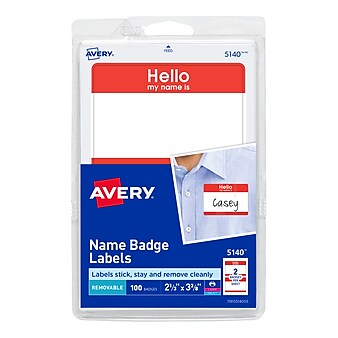 Avery "Hello" Sticker Name Badge Labels, 2-1/3" x 3-3/8", White w/ Red Border, 100/Pack (5140)