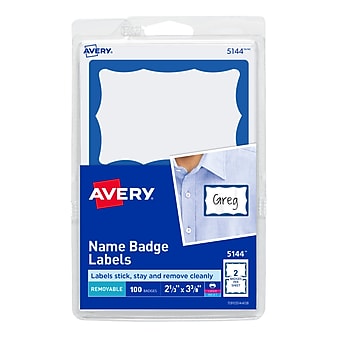 Avery Laser/Inkjet Sticker Name Badge Labels, 2 1/3" x 3 3/8", White w/ Blue Border, 100 Labels Per Pack (5144)