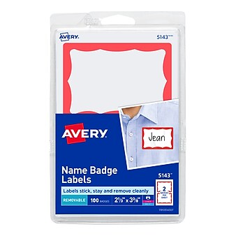Avery Sticker Name Badge Labels, 2-1/3" x 3-3/8", White w/ Red Border, 100/Pack (5143)