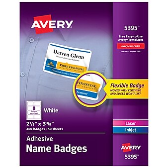 Avery Flexible Laser/Inkjet Name Badge Labels, 2 1/3" x 3 3/8", White, 400 Labels Per Pack (5395)