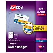 Avery Adhesive Laser/Inkjet Name Badges, 2 1/3" x 3 3/8", White, 400 Labels Per Pack (5395)